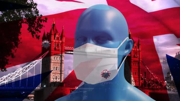 英国国旗在人头模型上挥舞着新型冠状病毒肺炎细胞，戴着口罩抵御城市景观