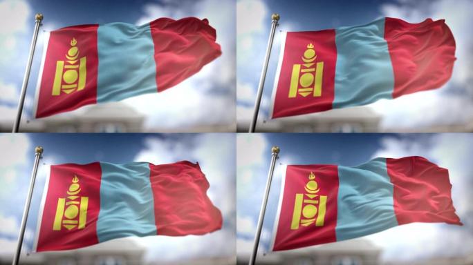 蒙古旗帜飘扬的慢动作3D渲染蓝天背景-无缝循环4K