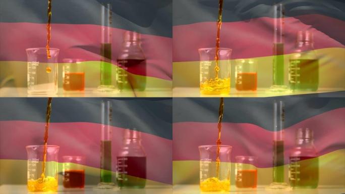 挥舞着德国国旗的液体落入试管中的动画