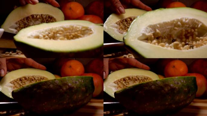 绿色木瓜用刀切成两半