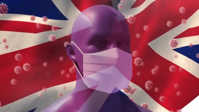 英国国旗挥舞着戴着口罩的人头模型上的新型冠状病毒肺炎细胞