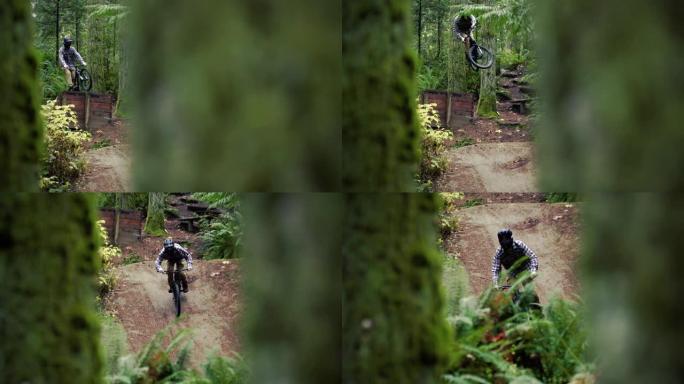林木慢动作框框的电影山地自行车泥土跳跃