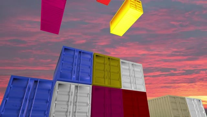 多云天空下的货物运输集装箱。3D渲染