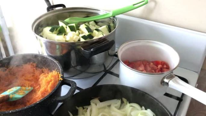 烹饪南瓜鱼子酱。食材在煤气炉上煮熟。西葫芦，胡萝卜，西红柿和洋葱在火上炖。