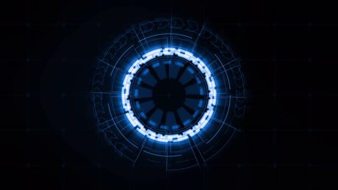 深蓝色抽象背景下的蓝色圆圈未来技术旋转，未来概念