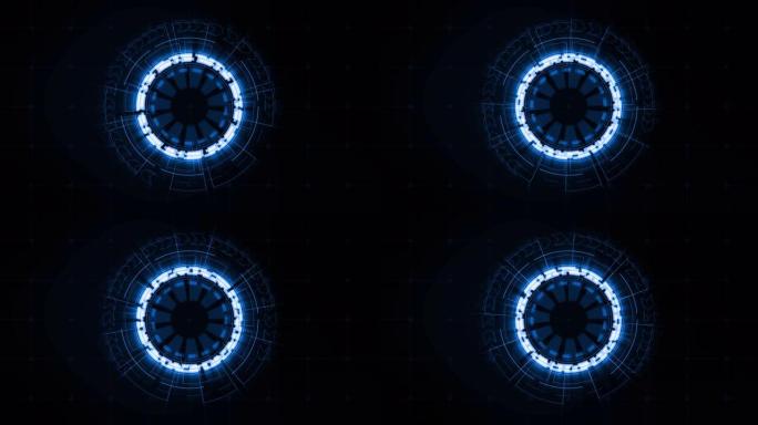 深蓝色抽象背景下的蓝色圆圈未来技术旋转，未来概念