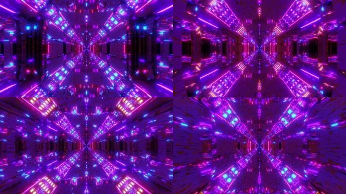 未来派科幻机库隧道走廊上无尽的发光灯，带有漂亮的电反射3d插图动态壁纸运动背景平面设计视觉样本vj环