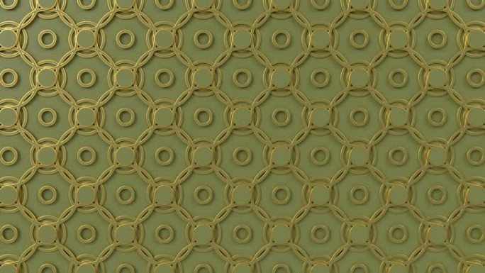 阿拉伯式环状几何图案。金色和橄榄色的伊斯兰3d主题。阿拉伯东方动画背景。