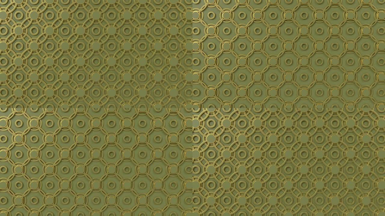 阿拉伯式环状几何图案。金色和橄榄色的伊斯兰3d主题。阿拉伯东方动画背景。
