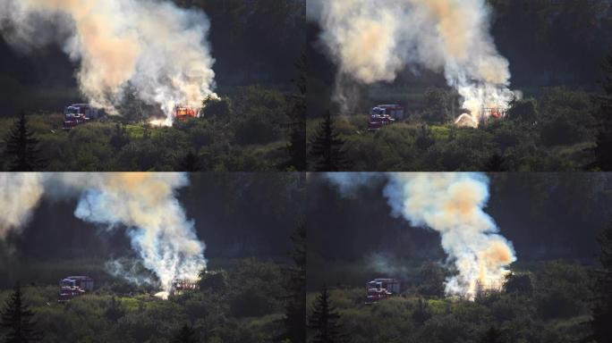 花园里着火了。消防部门与绿茵花园局部火警抗争