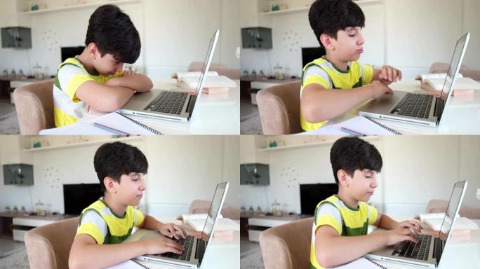 十几岁的男孩使用笔记本电脑做作业