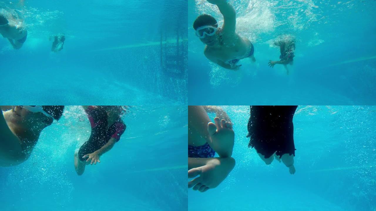 快乐的亚洲儿童在游泳池里一起跳跃和游泳，周末活动。
