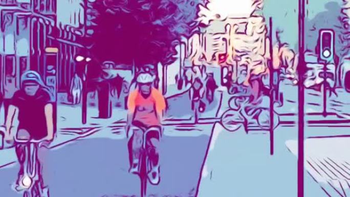 自行车推自行车骑行追踪伦敦城市漫画书风格动画素材黑白视频