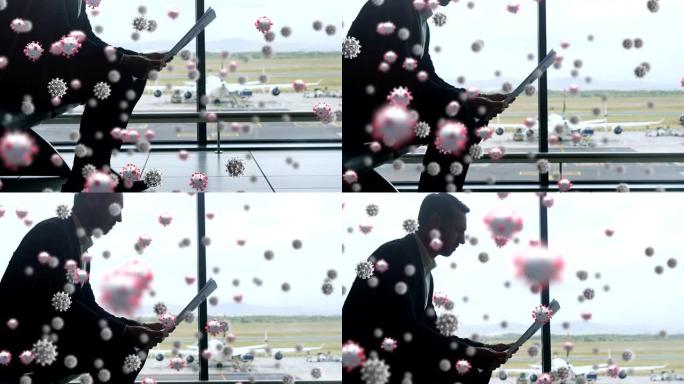 新型冠状病毒肺炎细胞在机场对着人读报的数字复合视频