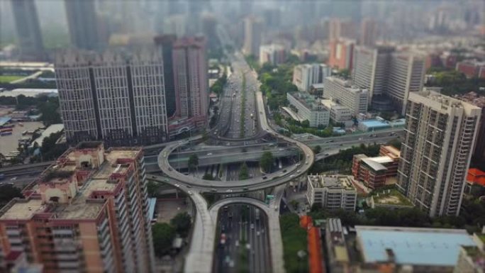 白天广州城市景观交通路口空中全景倾斜移位4k中国