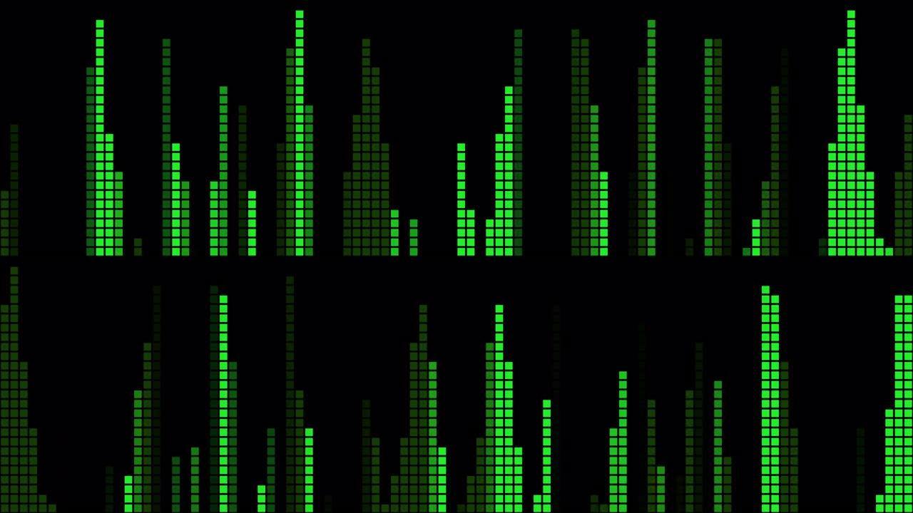 虚拟均衡器。绿色霓虹灯激光光谱中的方形垂直列，夜总会或表演的动态像素振动。