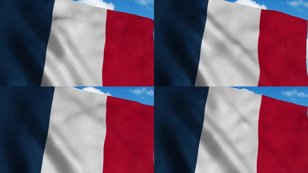 法国国旗在风中飘扬，蓝天为背景。4 k