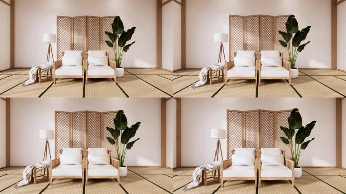 木制扶手椅和隔断日本室内热带室内，榻榻米垫地板和白色墙壁。3d渲染
