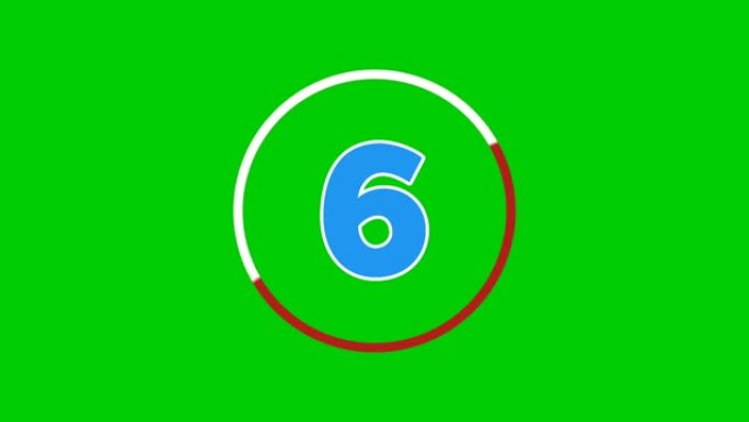 4k倒计时卡通动画数字10到1，在绿色屏幕上旋转圆圈。用于运动或比赛的绿色背景上的动画编号。色度键和