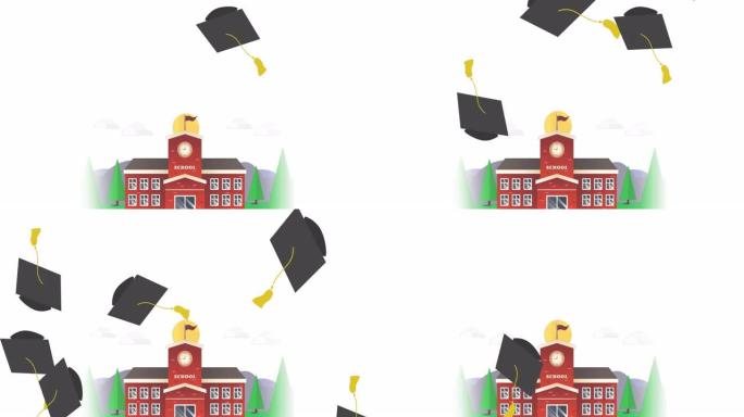 白色背景下的多个毕业帽落在学校建筑物的图标上