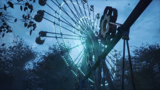 废弃的摩天轮在一个荒芜的城市的游乐园里。核战争后世界末日世界的概念。