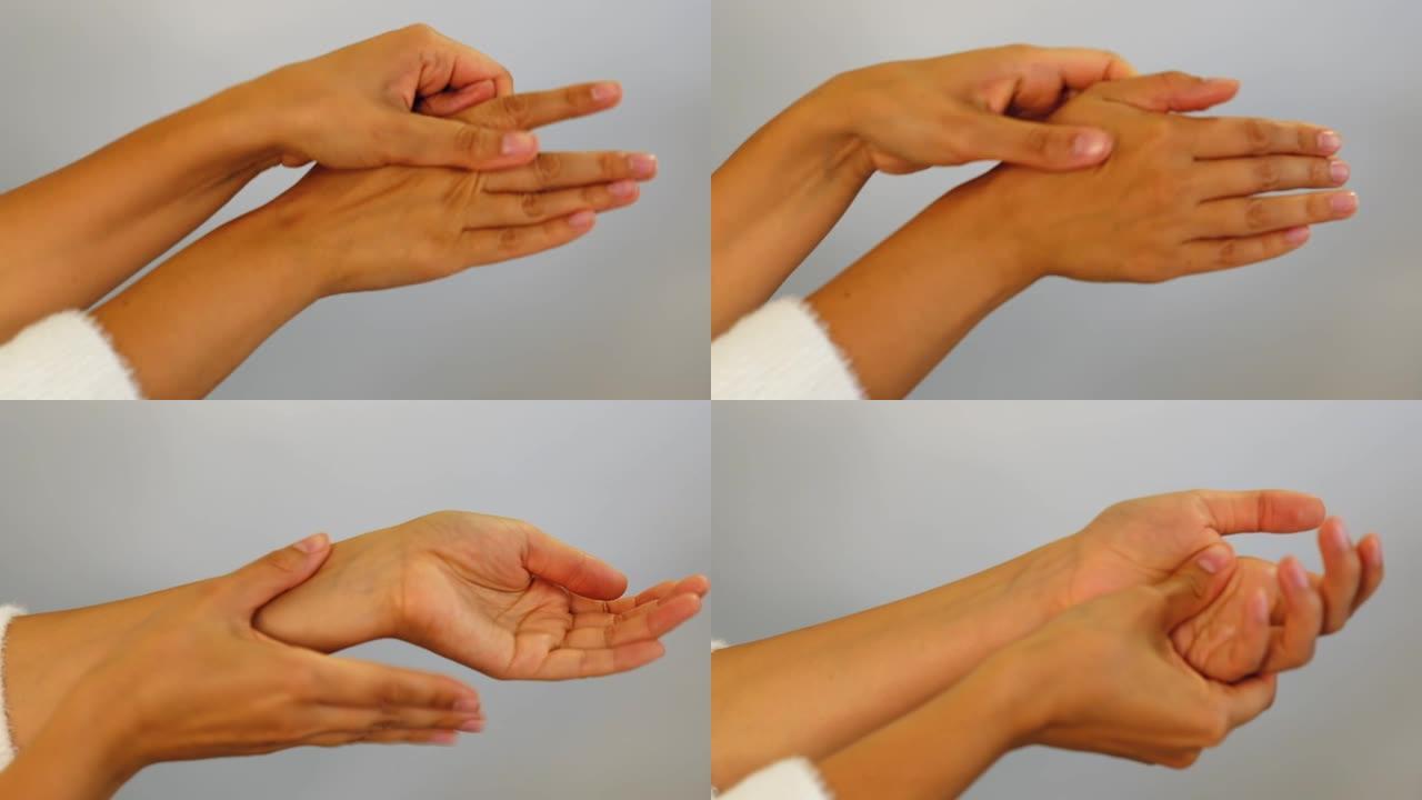 手腕疼痛。女性的手触摸手腕并试图拉伸关节。肌腱炎，滑膜炎，骨关节炎，扭伤，类风湿性关节炎概念。特写