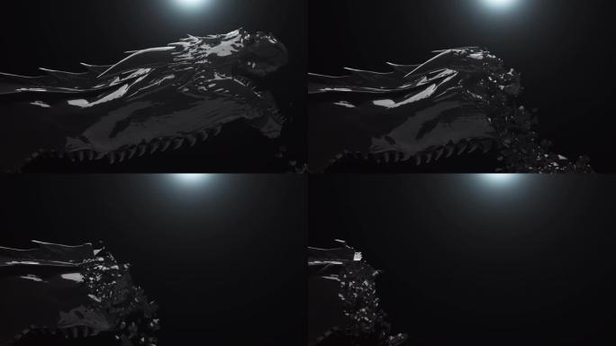 特写头部黑龙破坏黑色背景上掉落的岩石碎片。3D动画4K。