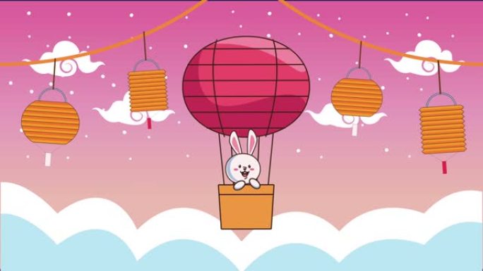 中秋动画用兔子在气球里热气和灯吊着
