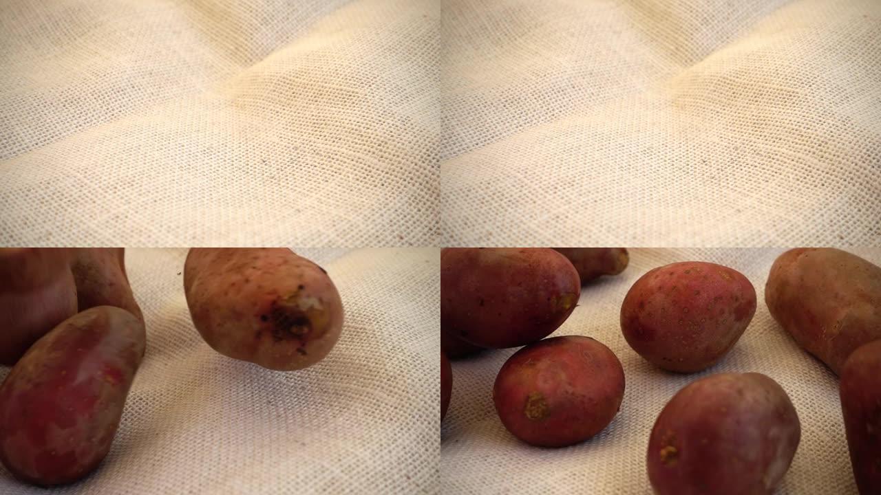 土豆落在粗麻布上。慢动作。