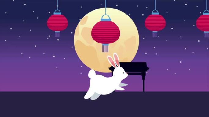 中秋节动画晚上有兔子和灯