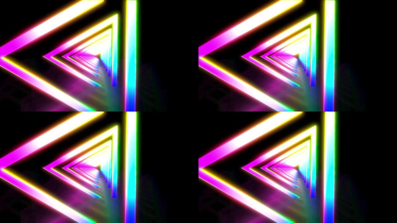 发光霓虹色三角隧道。激光表演循环背景。无缝循环动画，紫外蓝紫色光谱4K