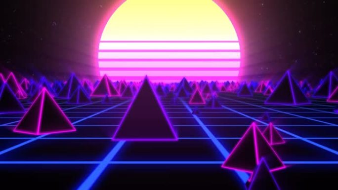 80年代合成波霓虹灯景观复古金字塔与发光的太阳-4k无缝循环运动背景动画