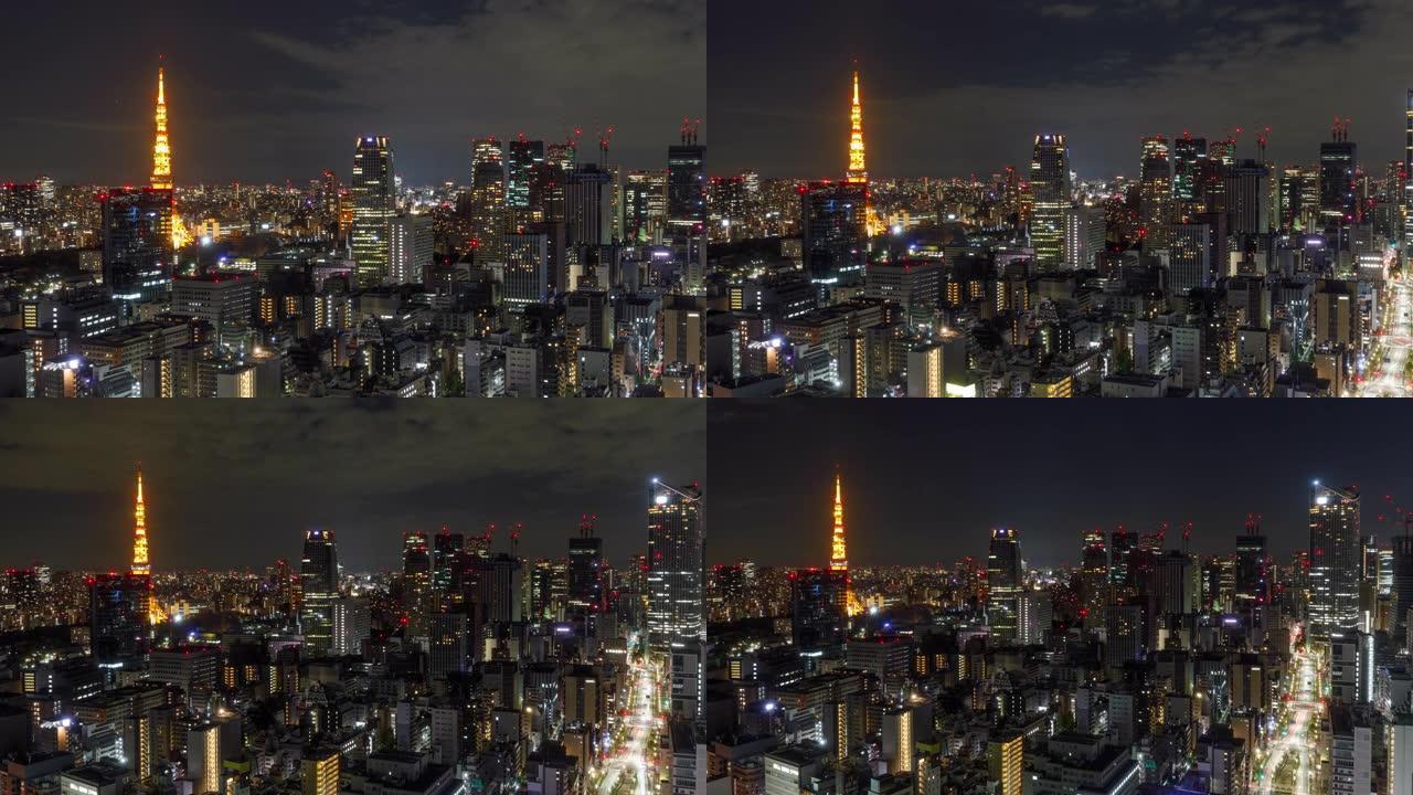 晚上拍摄的密密麻麻的东京日本天际线的时间流逝