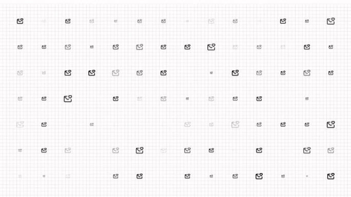 电子邮件，消息图标动画循环。无缝图案背景。小字母，消息图标，带有心形，在网格上慢慢闪烁。白色背景
