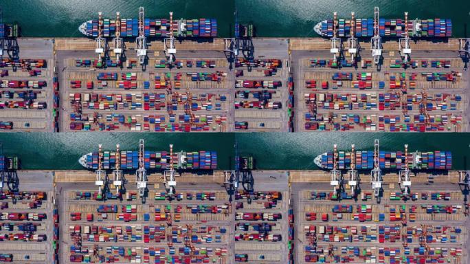 4k，时间流逝，鸟瞰图集装箱船在进出口业务中运输集装箱，并在公海通过集装箱船进行国际物流运输。