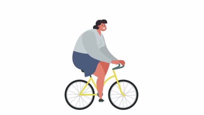 孤立卡通扁平胖女人角色自行车骑行循环动画与阿尔法亮度哑光
