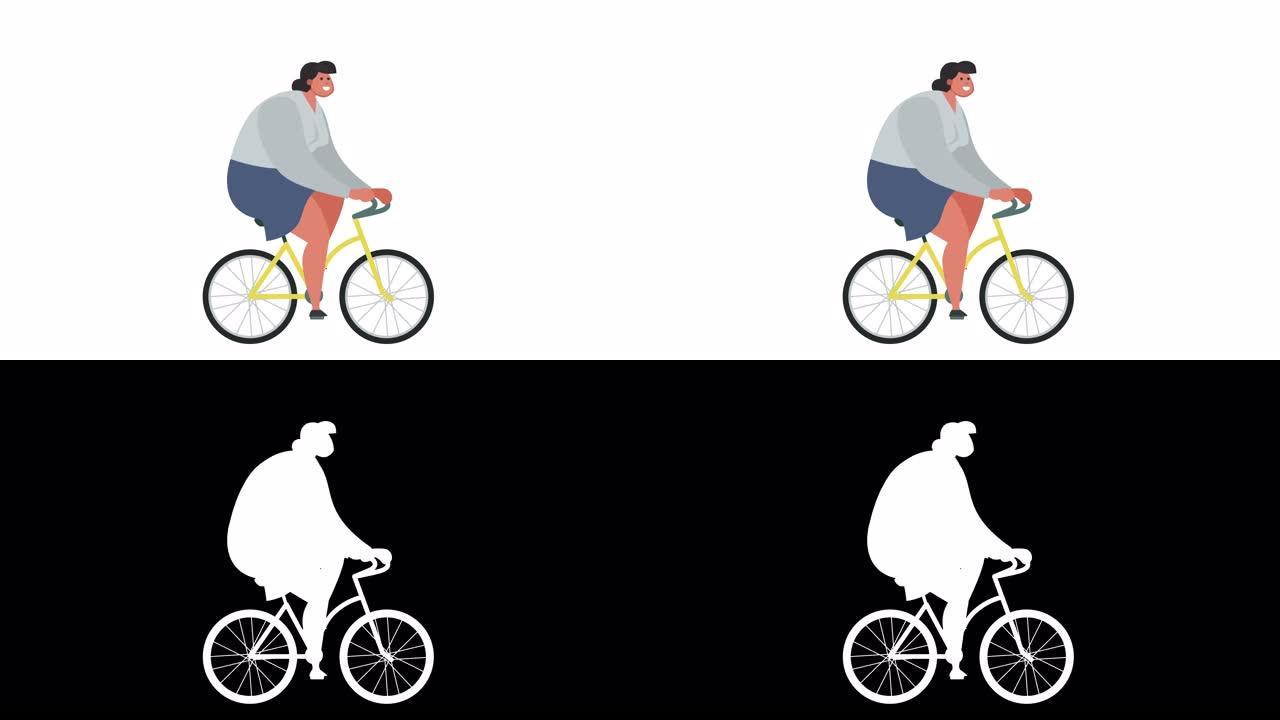 孤立卡通扁平胖女人角色自行车骑行循环动画与阿尔法亮度哑光