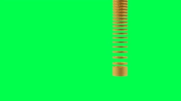 金币掉落和堆叠在绿色屏幕上隔离的堆叠中的3d动画。4k视频。