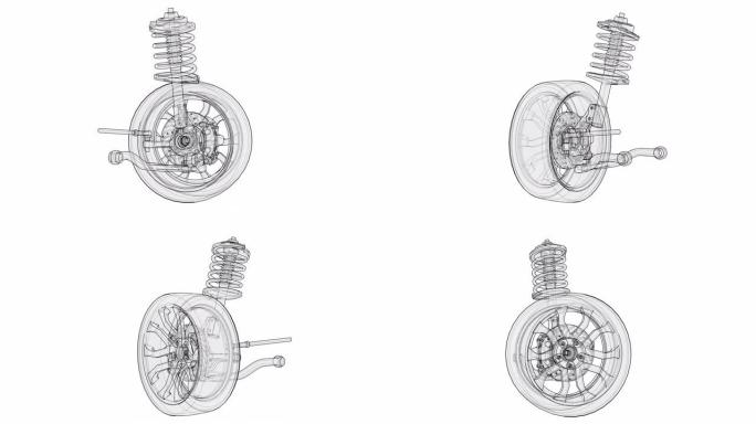 带有车轮轮胎和休克吸收器的汽车悬架动画