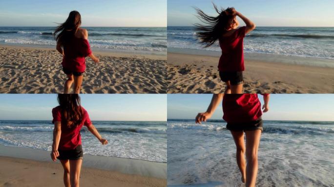 迷人而顽皮的女人在海滩上奔跑