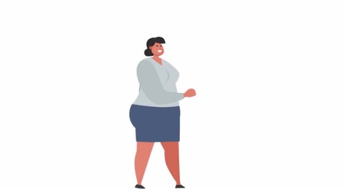 孤立卡通扁平胖女人角色快乐步行循环动画与阿尔法亮度哑光