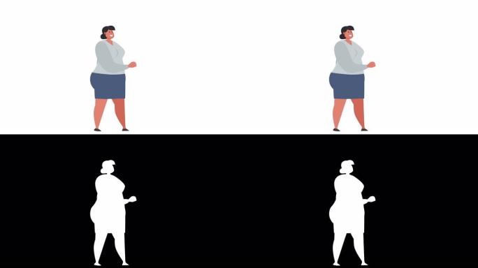 孤立卡通扁平胖女人角色快乐步行循环动画与阿尔法亮度哑光
