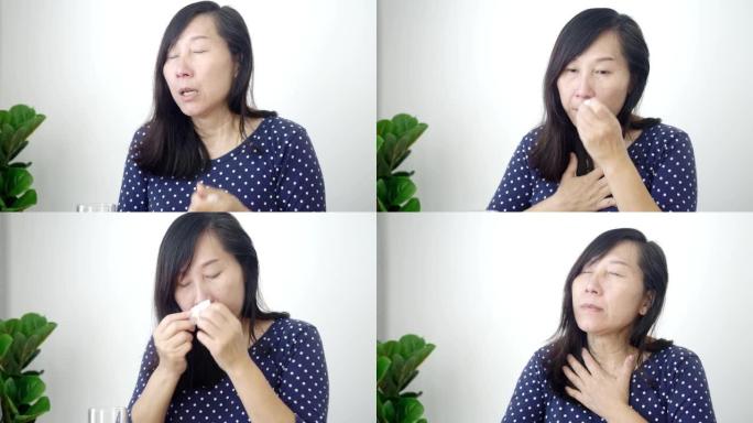 亚洲女性哮喘发作，在家服药，生活方式观念。