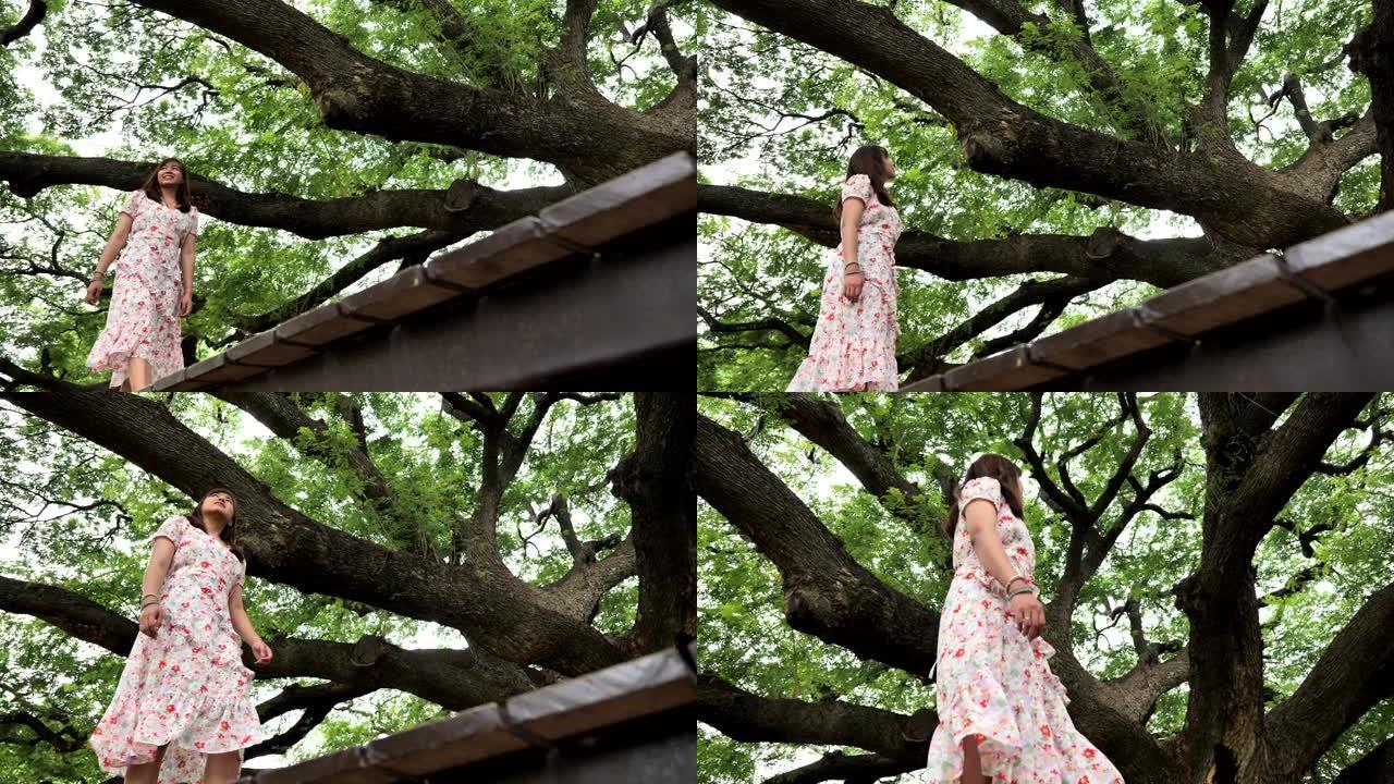 亚洲女子在美丽的大树下行走的场景