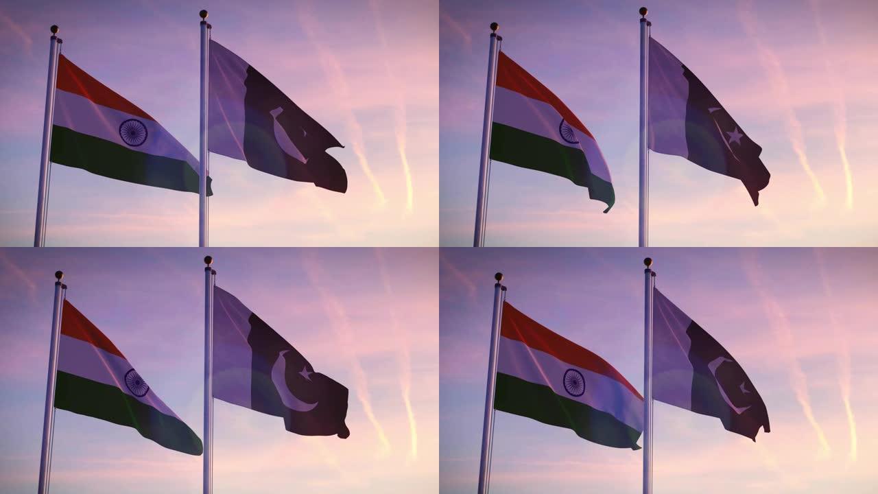 印度和巴基斯坦的国旗显示了政府的侵略和分歧。