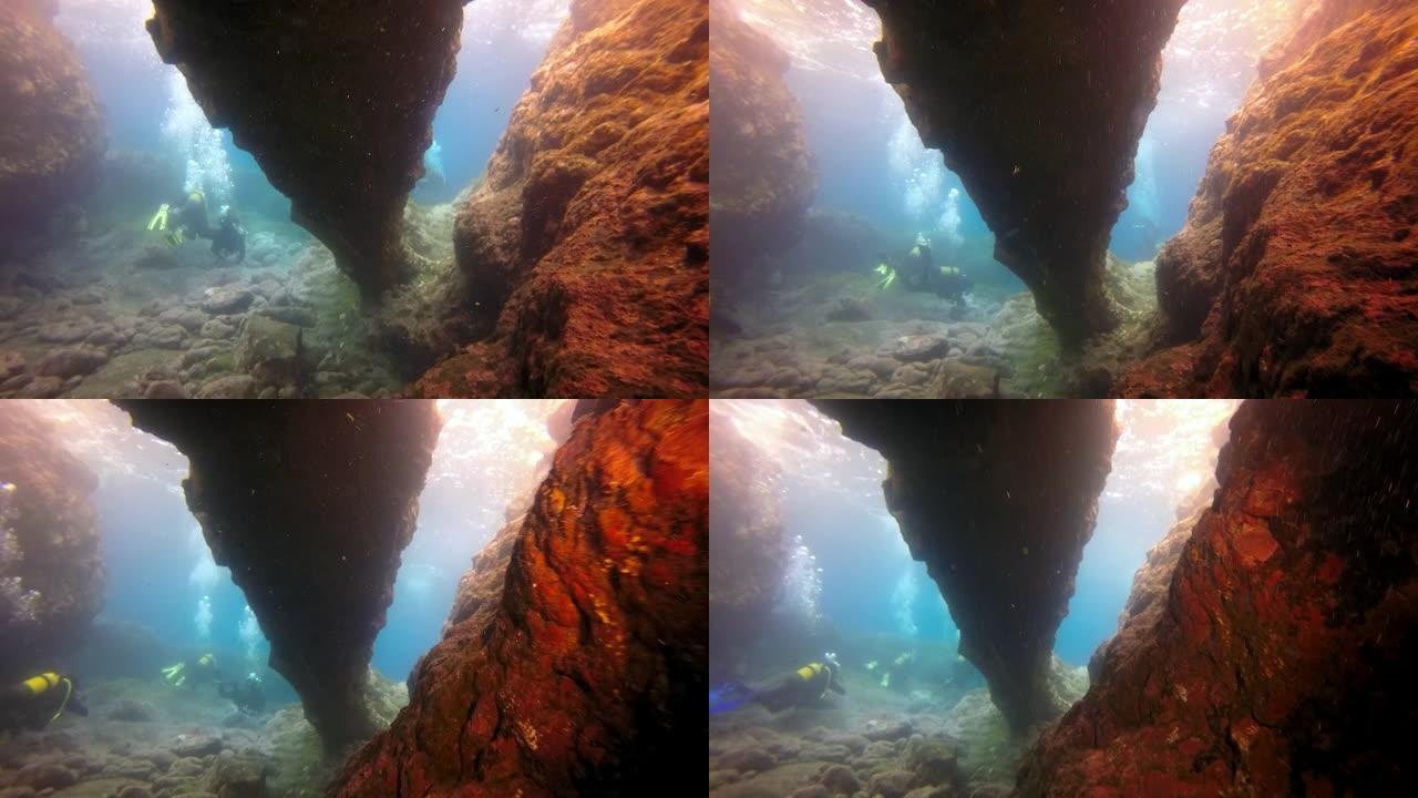 在大西洋火山起源的底部水下潜水。