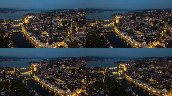 夜间照明苏黎世中心城市景观河畔航空全景4k延时瑞士