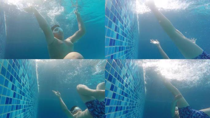 快乐的亚洲青春期男孩玩得开心，和他的妹妹在游泳池里游泳参加周末活动。