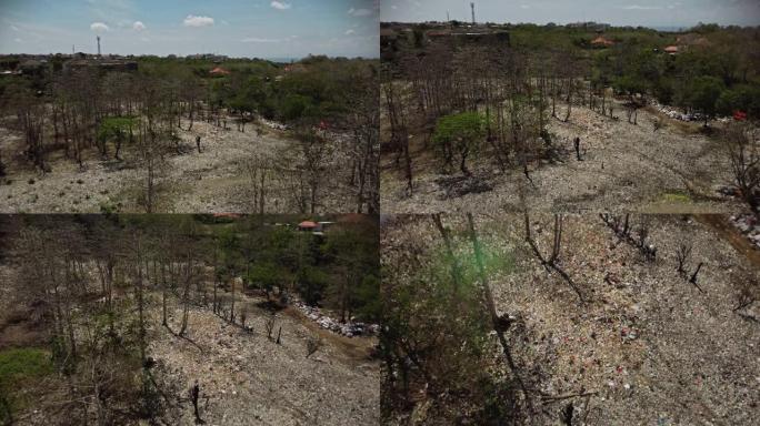 无人机森林的视频，地面上躺着大量塑料碎片和口罩