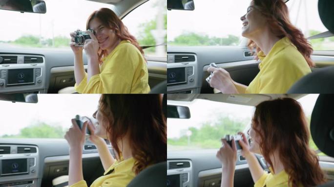 旅行，快乐迷人的女人在夏天周末开车旅行时玩得开心，用复古相机拍照，生活方式